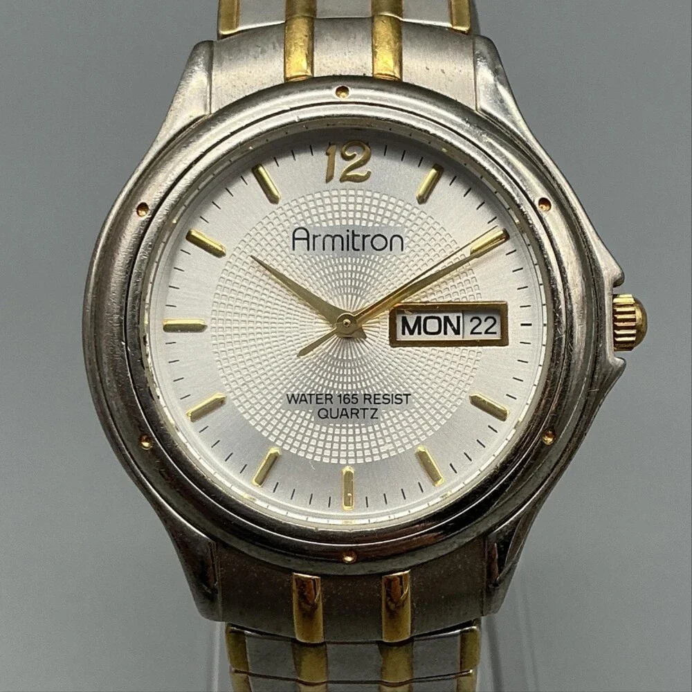 Armitron 20/1367 Mens Watch 37mm Silver Gold Two Tone Stretch Day Date New Batt
